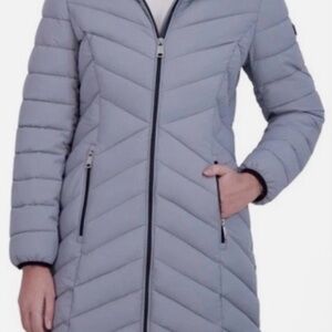 New DKNY Women’s Hooded Stretch Walker Coat , Gray, Size Large